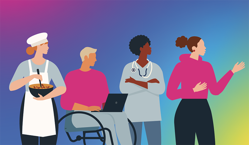 Illustrations of female chef, laptop user in wheelchair, female nurse, keep fit person