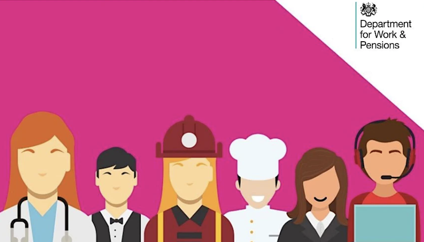 Pink graphic with characters including chef, firefighter, doctor