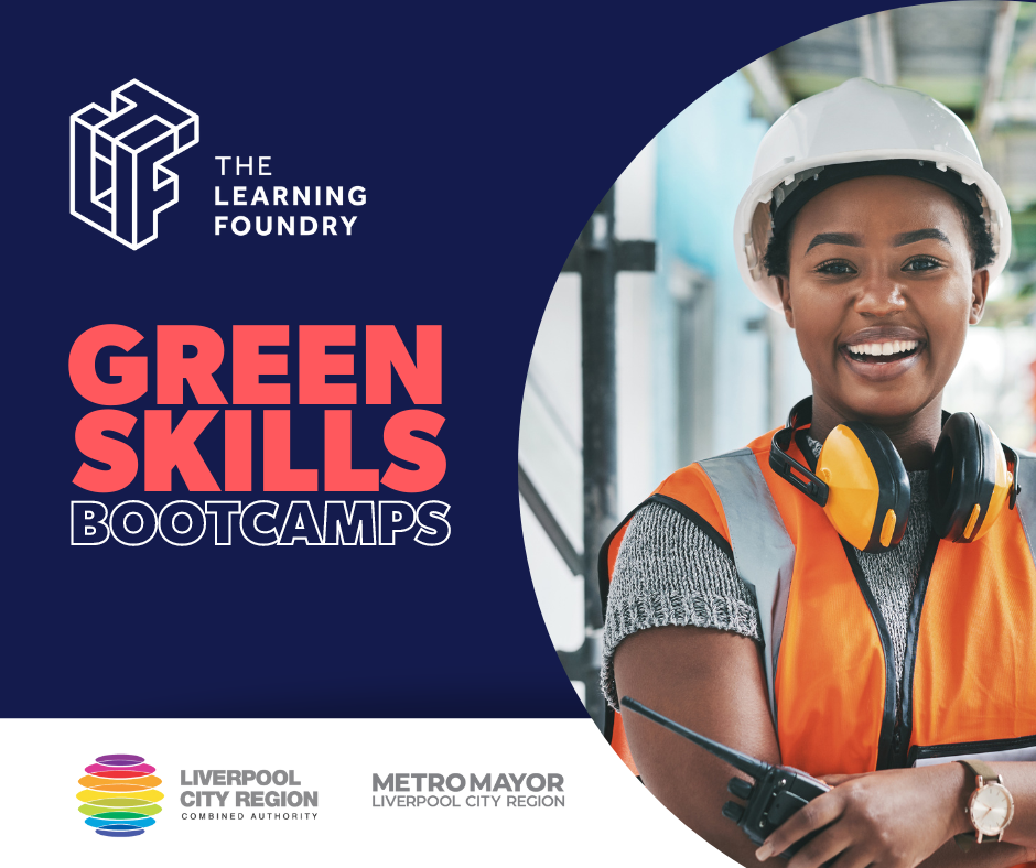 Green Skills Bootcamps graphic image with a lady wearing construction hat