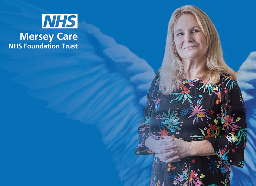 Female on blue background with NHS logo in white