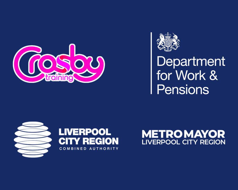 The logos for Crosby training, DWP and Liverpool City Region Combined Authority