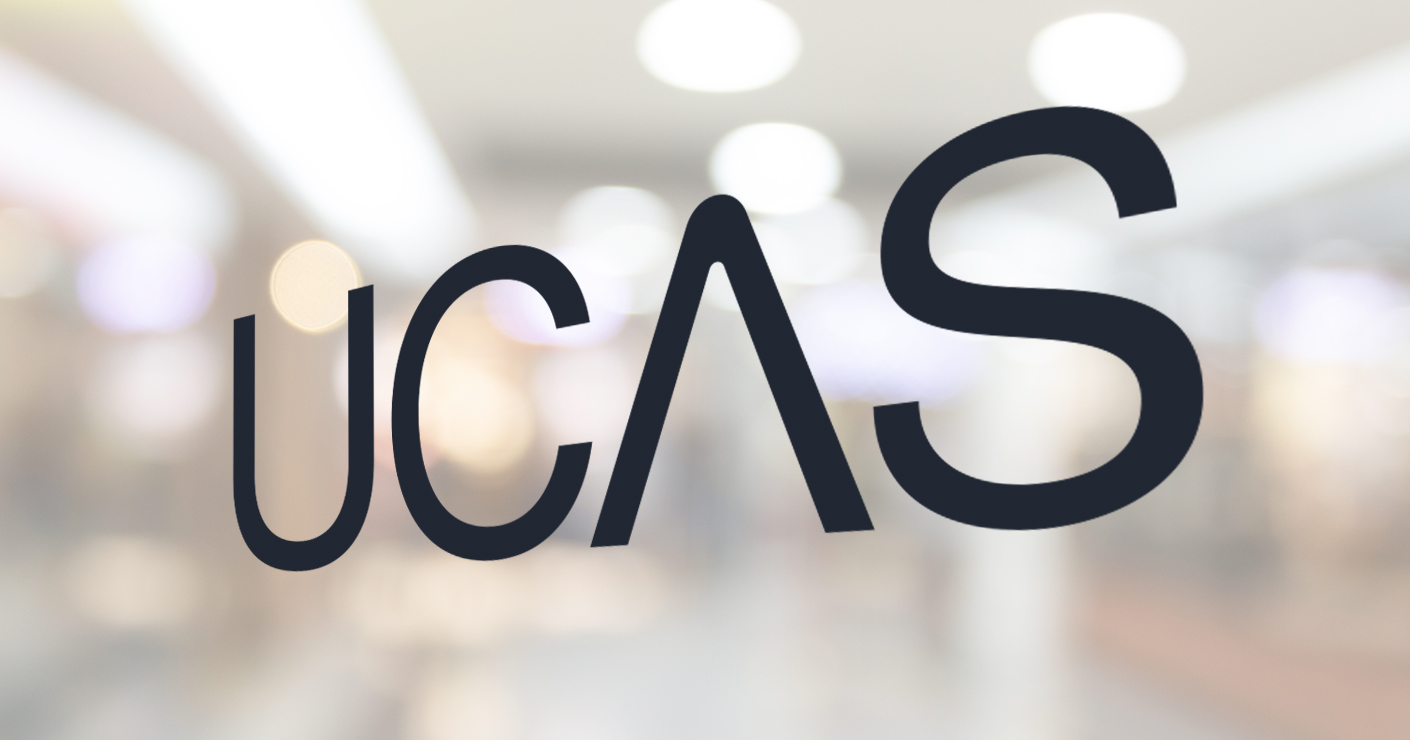 UCAS logo in black on glass window