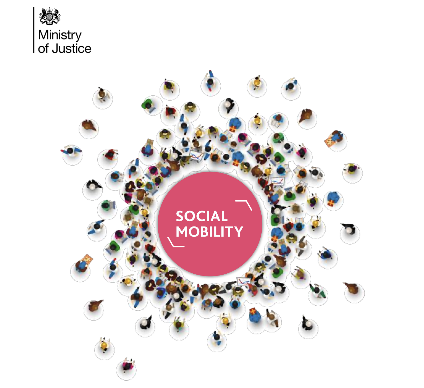 Aerial illustration of multiple people stood around central red circle with social mobility copy in white