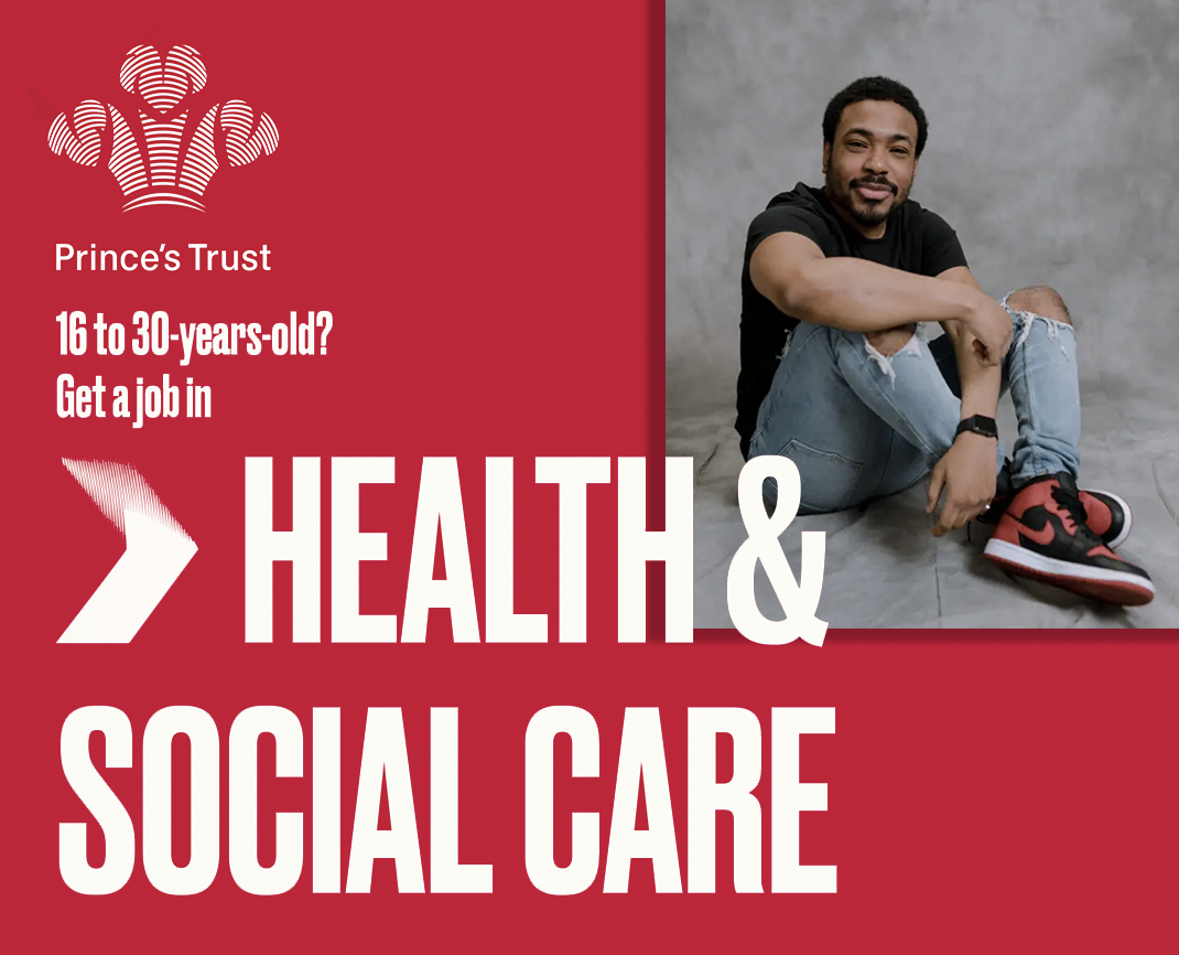 Young black male featured next to prince's trust logo and copy - white text on red background