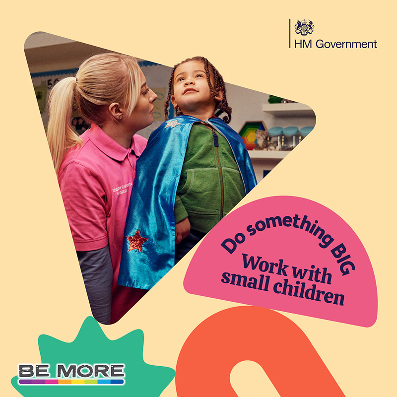 Young female care assistant with young male child - multi coloured background