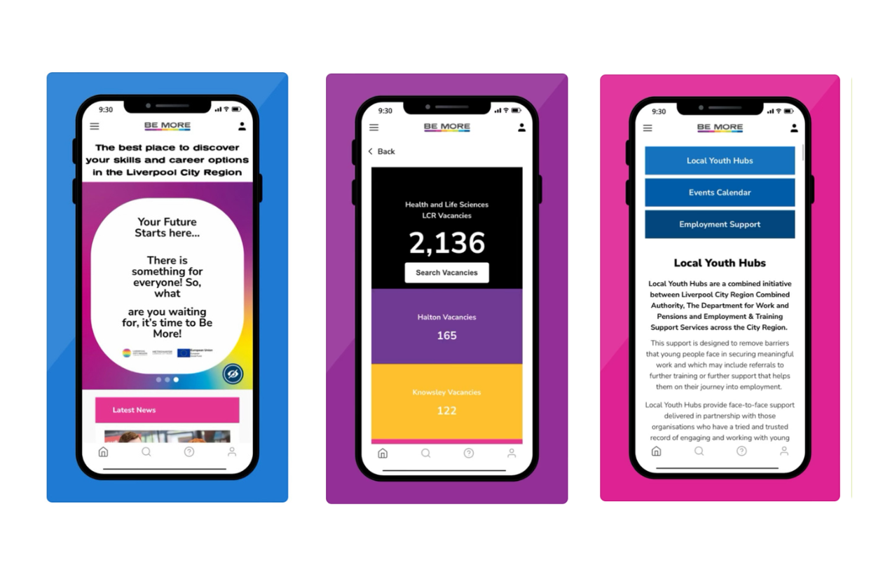 Screenshots of Be More mobile app on 3 mobile devices