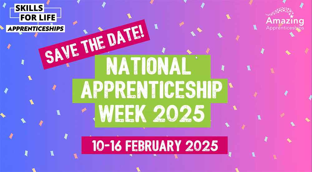 Multicoloured background featuring National Apprenticeship Week text in white on green background