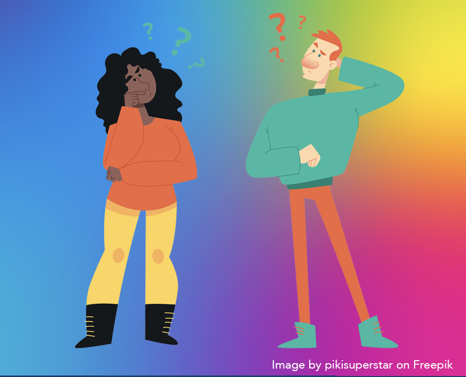 Male and female illustrated characters on multi colour background.