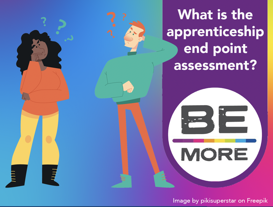 Male and female illustrated characters asking what is the apprenticeship end point assessment.