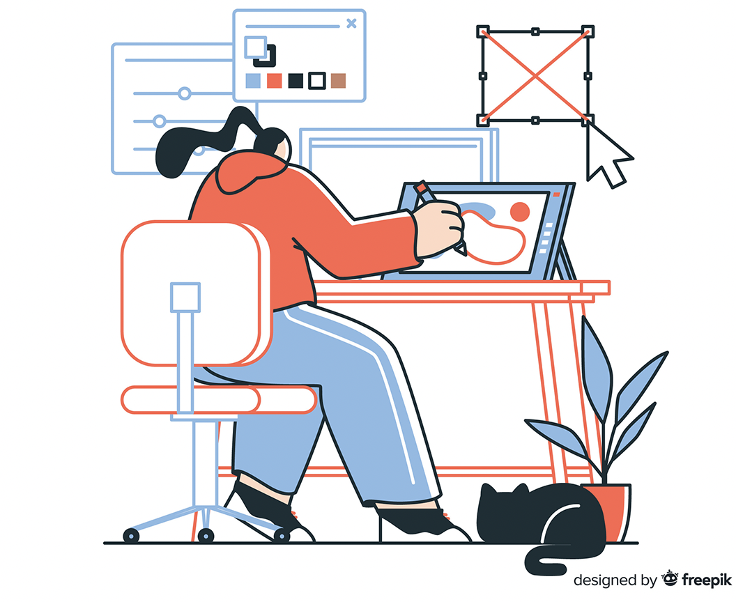 Illustration of digital designer sat at desk