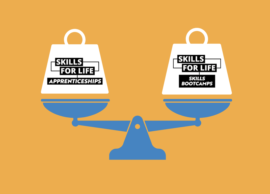 Illustration of scales with apprenticeships and skills bootcamps logos