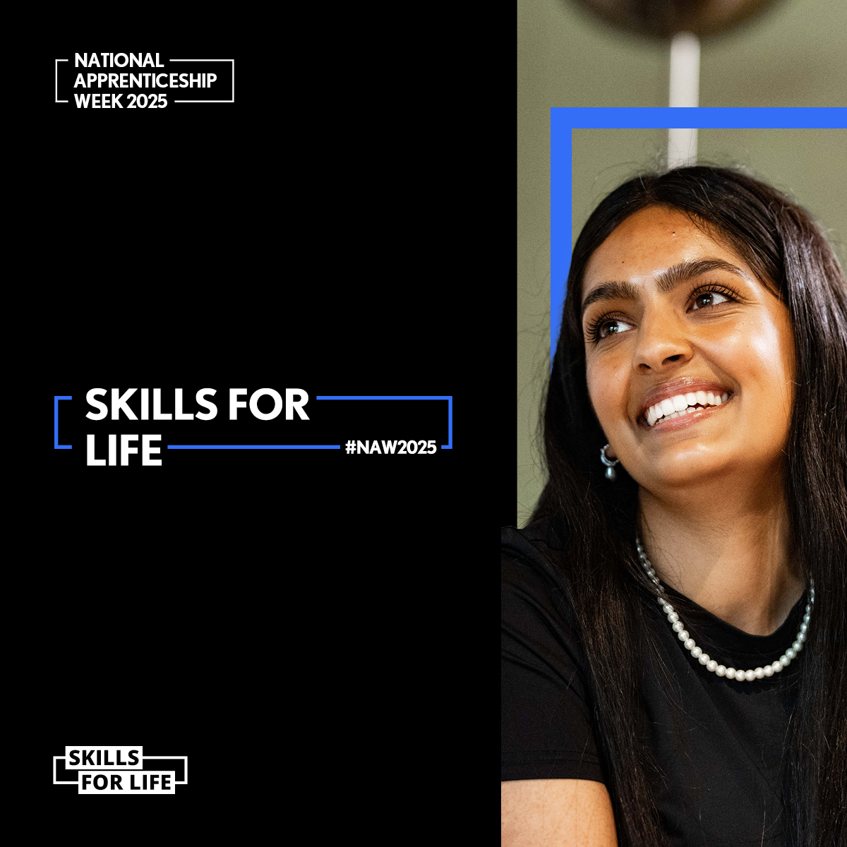 Young female student smiling with skills for life text in white on black background
