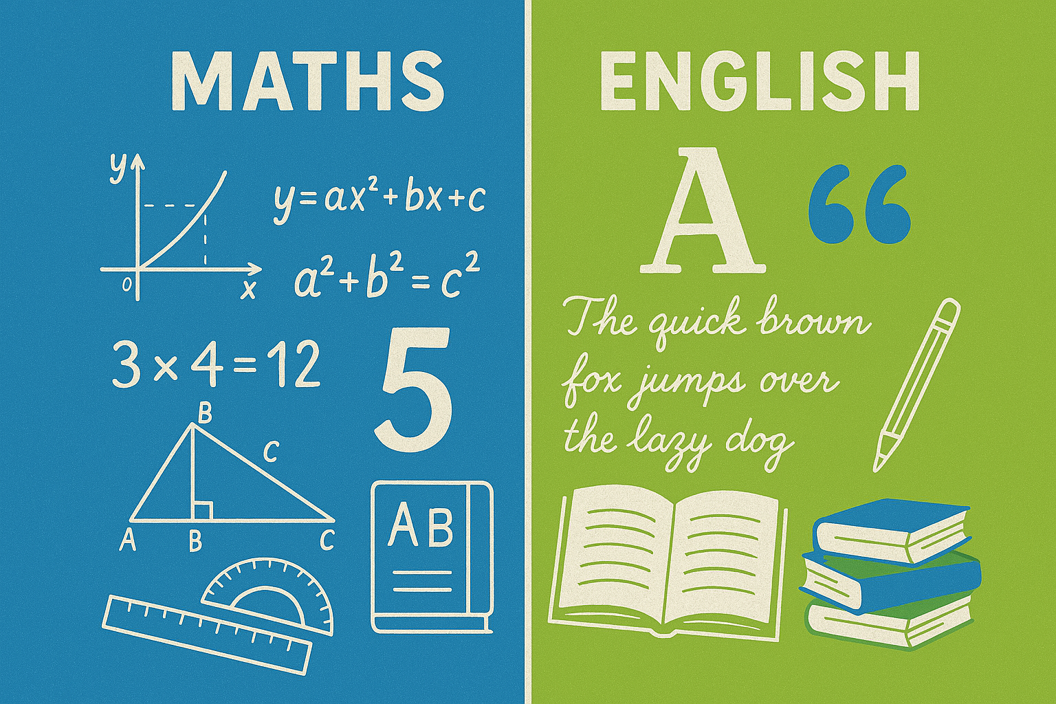 Green and blue image with white text denoting maths and English examples