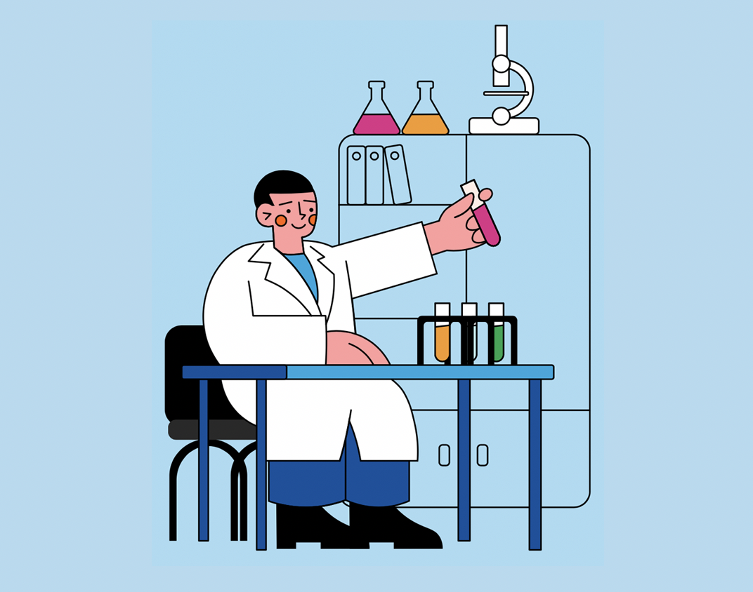 Illustration of chemist working at desk on light blue background