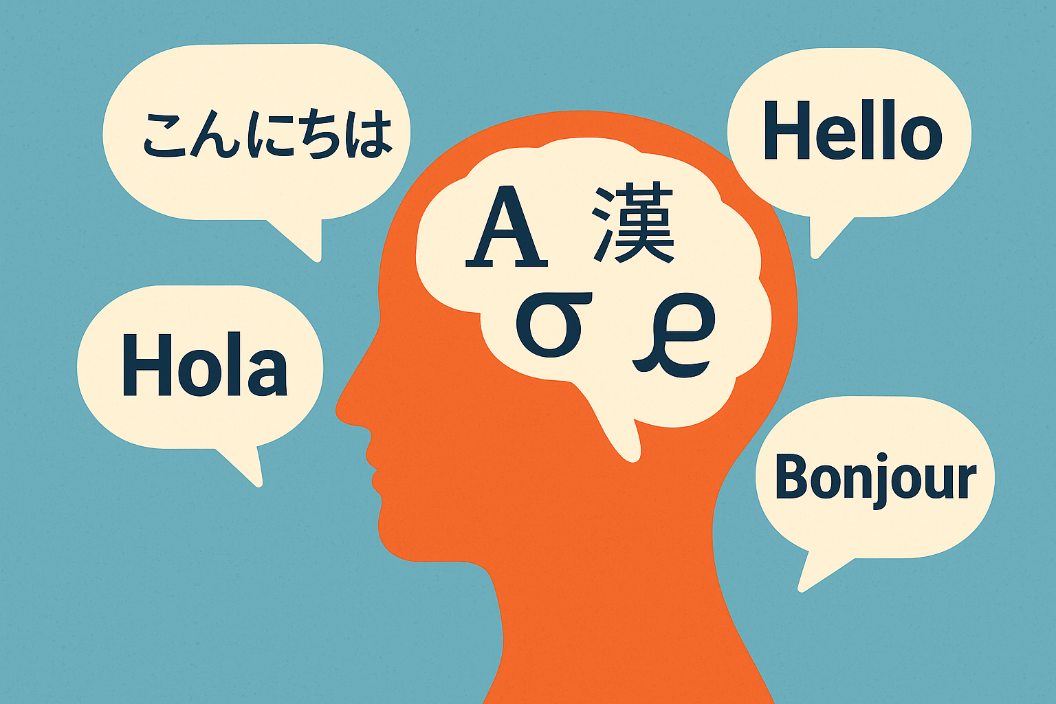 ORANGE SILHOUETTE OF HEAD WITH HELLO IN DIFFERENT LANGUAGES IN SPEECH BUBBLES